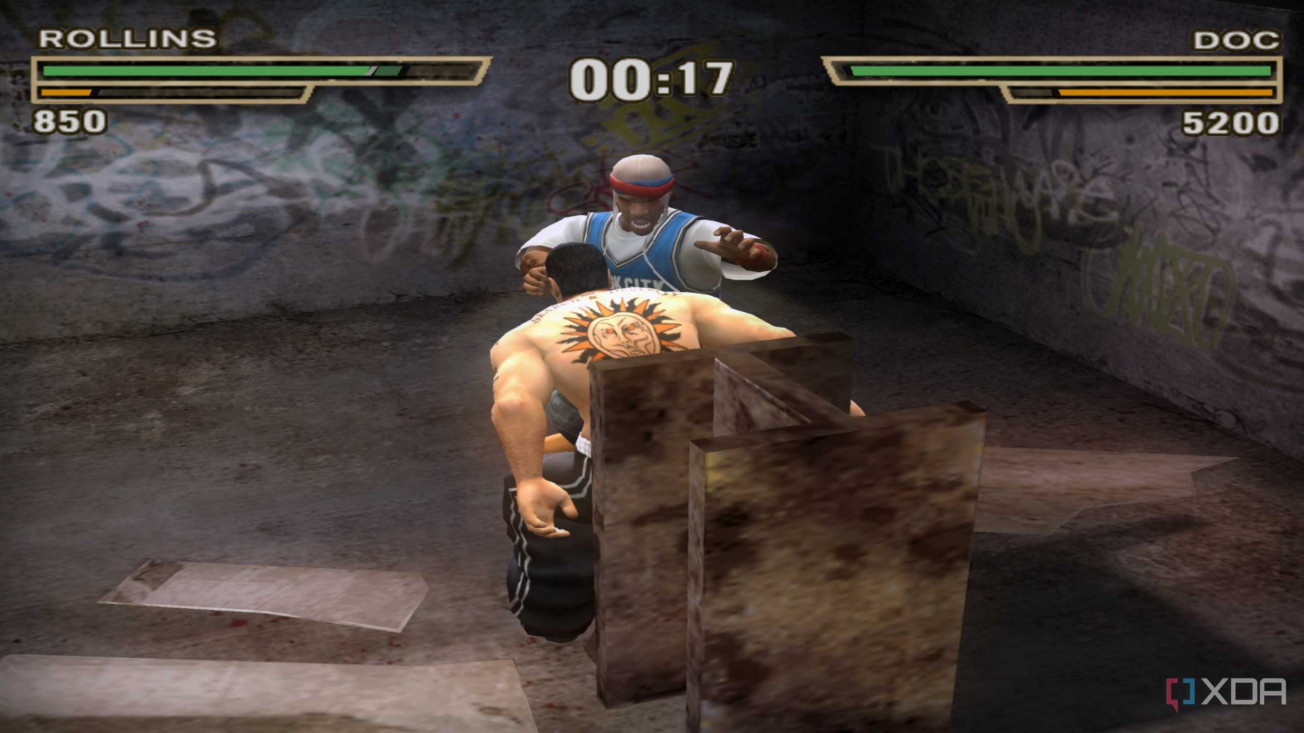 Doc smashing Rollins' face into a steel beam in Def Jam: Fight for NY.