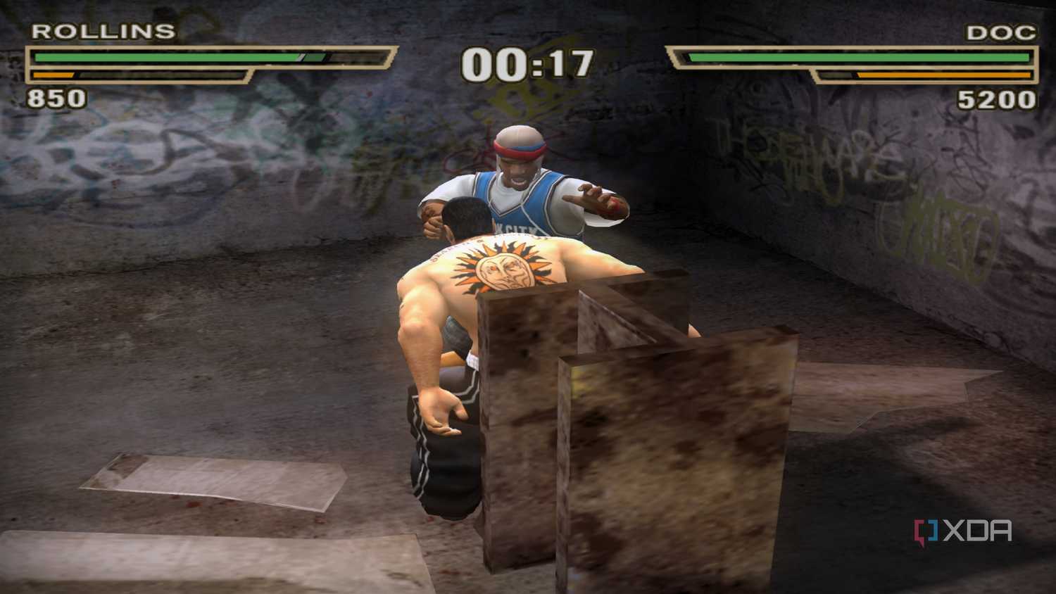 Doc smashing Rollins' face into a steel beam in Def Jam: Fight for NY.