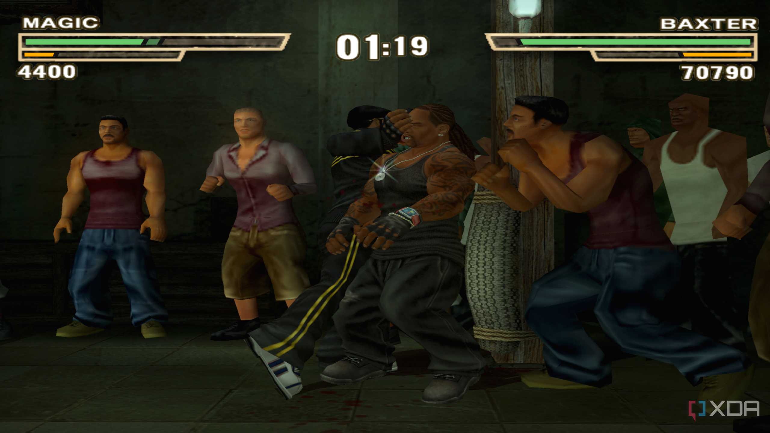 Baxter pushing Magic against a wooden pillar in Def Jam: Fight for NY.
