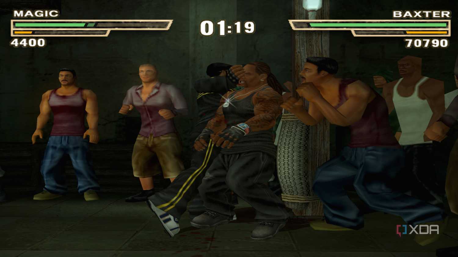Baxter pushing Magic against a wooden pillar in Def Jam: Fight for NY.