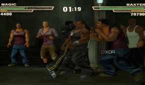 Baxter pushing Magic against a wooden pillar in Def Jam: Fight for NY.