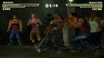 Baxter pushing Magic against a wooden pillar in Def Jam: Fight for NY.