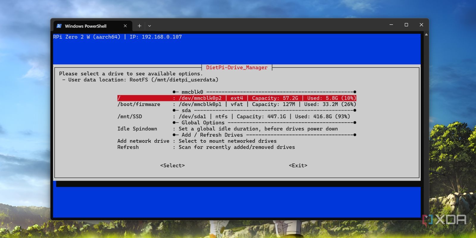 screenshot of dietpi available drives