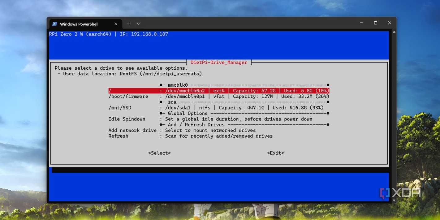 screenshot of dietpi available drives