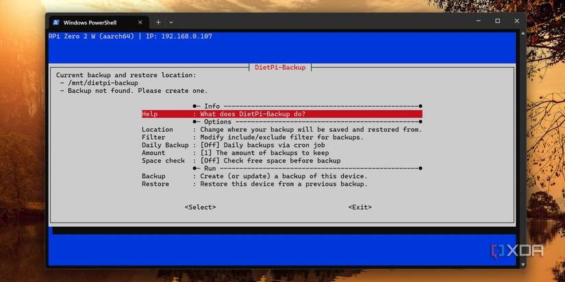 captura de pantalla de las opciones de la herramienta de copia de seguridad dietpi