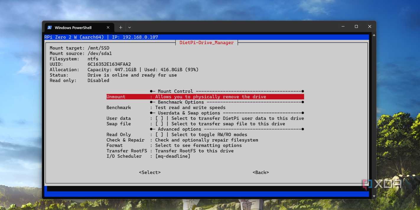 screenshot of dietpi mounting ssd