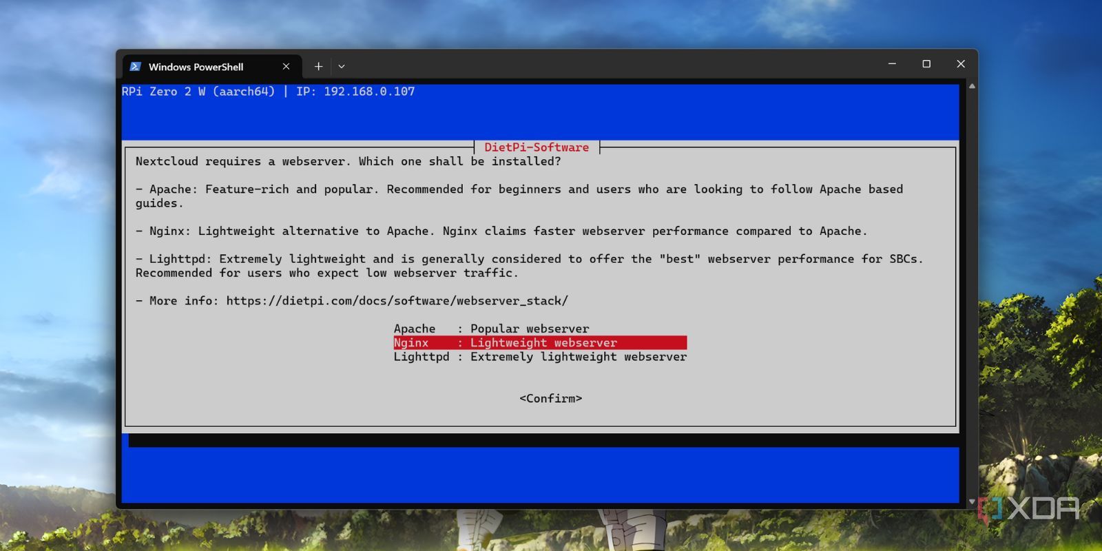 screenshot of dietpi nextcloud install select webserver