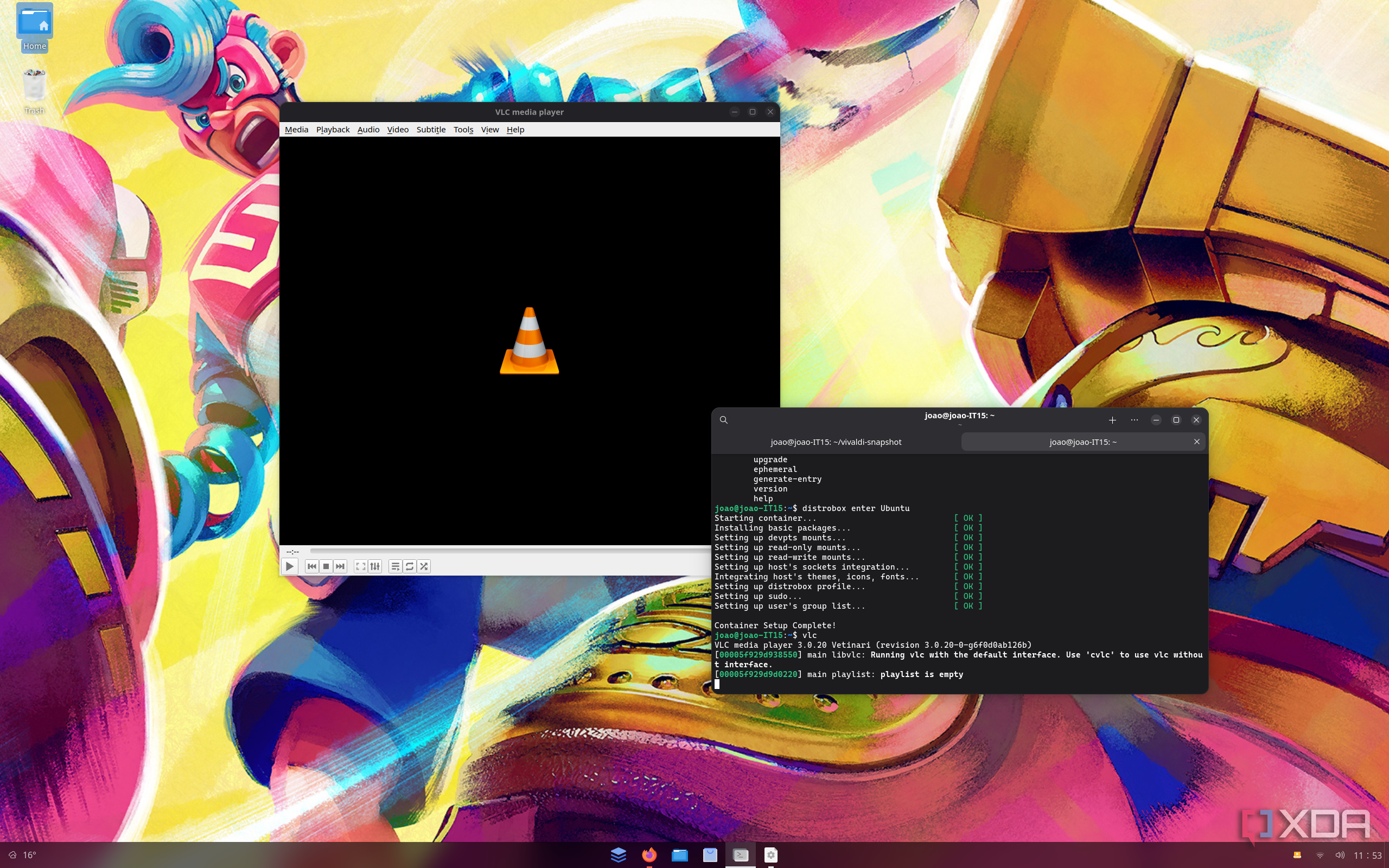 Screenshot of a console window on AnduinOS showing Distrobox launching VLC within Ubuntu. The VLC window is shown next to the terminal