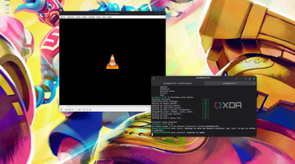 Screenshot of a console window on AnduinOS showing Distrobox launching VLC within Ubuntu. The VLC window is shown next to the terminal