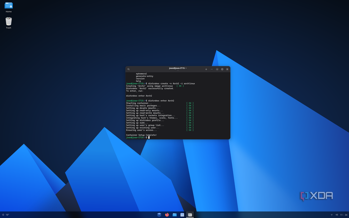Screenshot of a console window on AnduinOS showing Distrobox entering a container that was just created