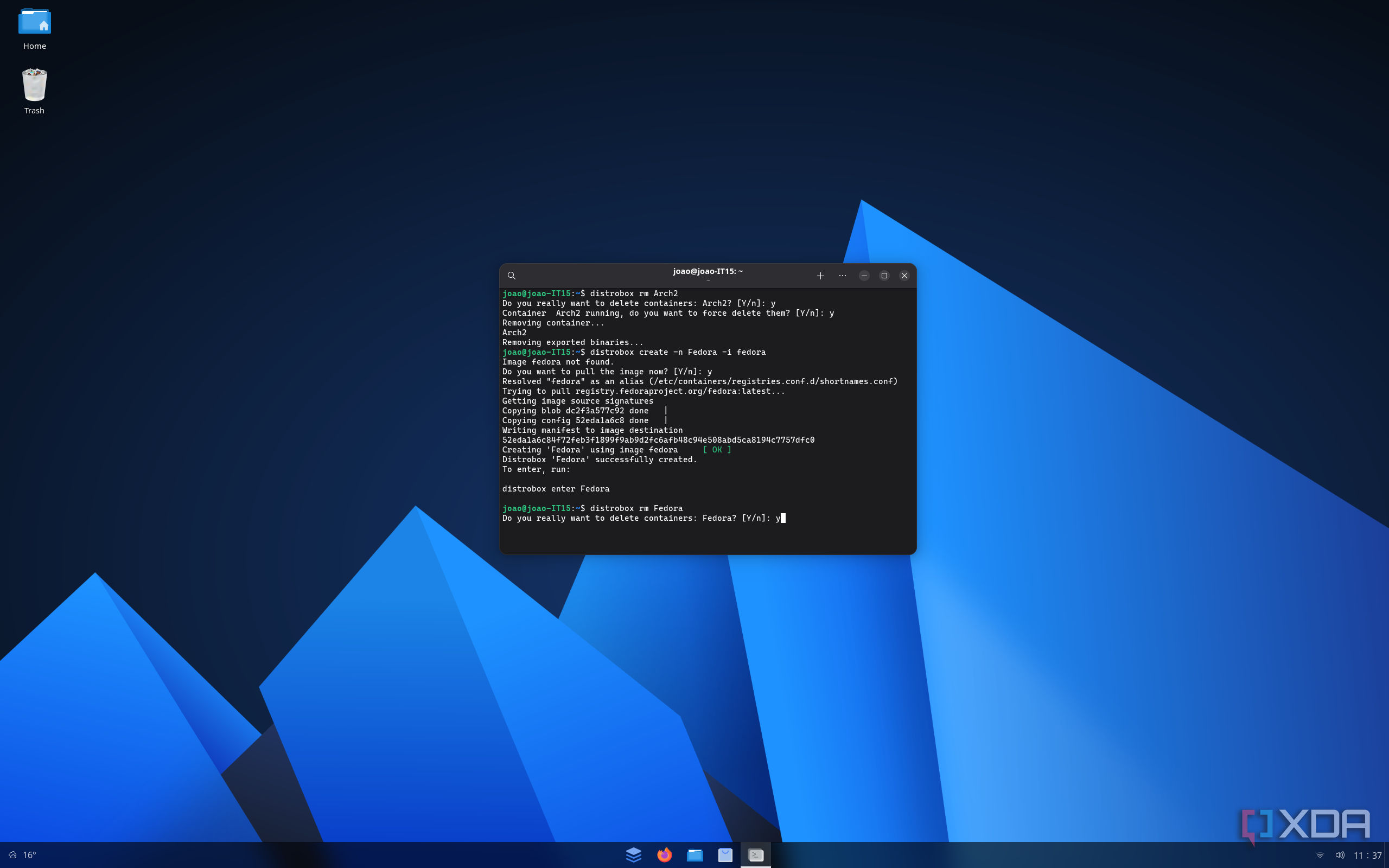 Screenshot of a console window on AnduinOS showing a distrobox command to remove a container