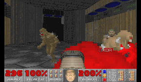 Doom Marine surrounded by enemies in Doom 1993.