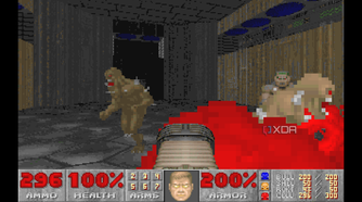 Doom Marine surrounded by enemies in Doom 1993.