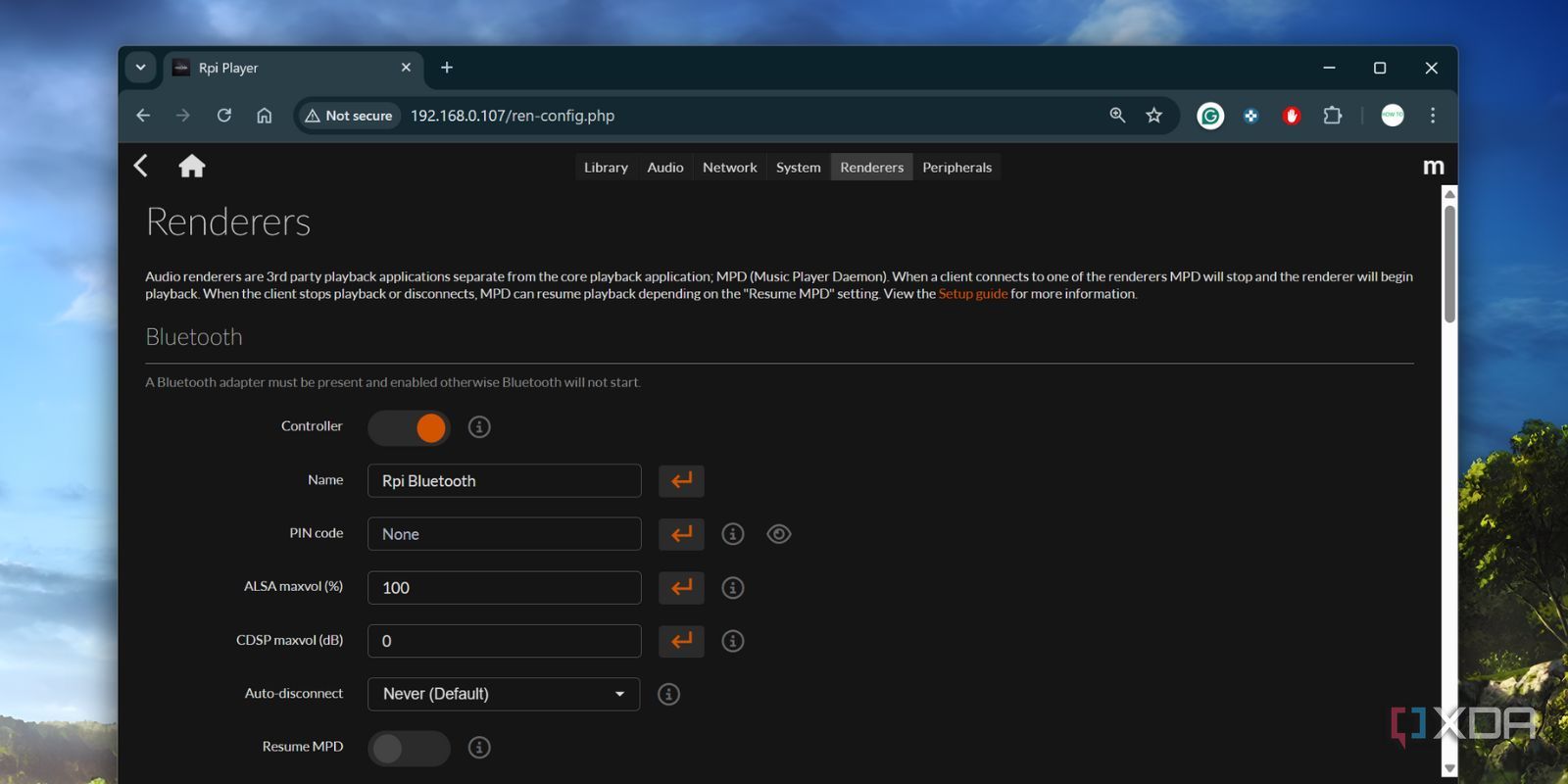 screenshot of enabling bluetooth for moode audio os