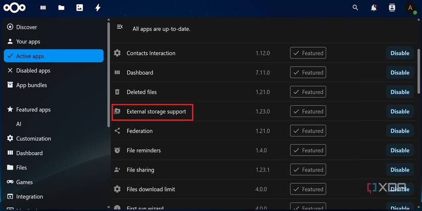 screenshot of enabling external drive support nextcloud