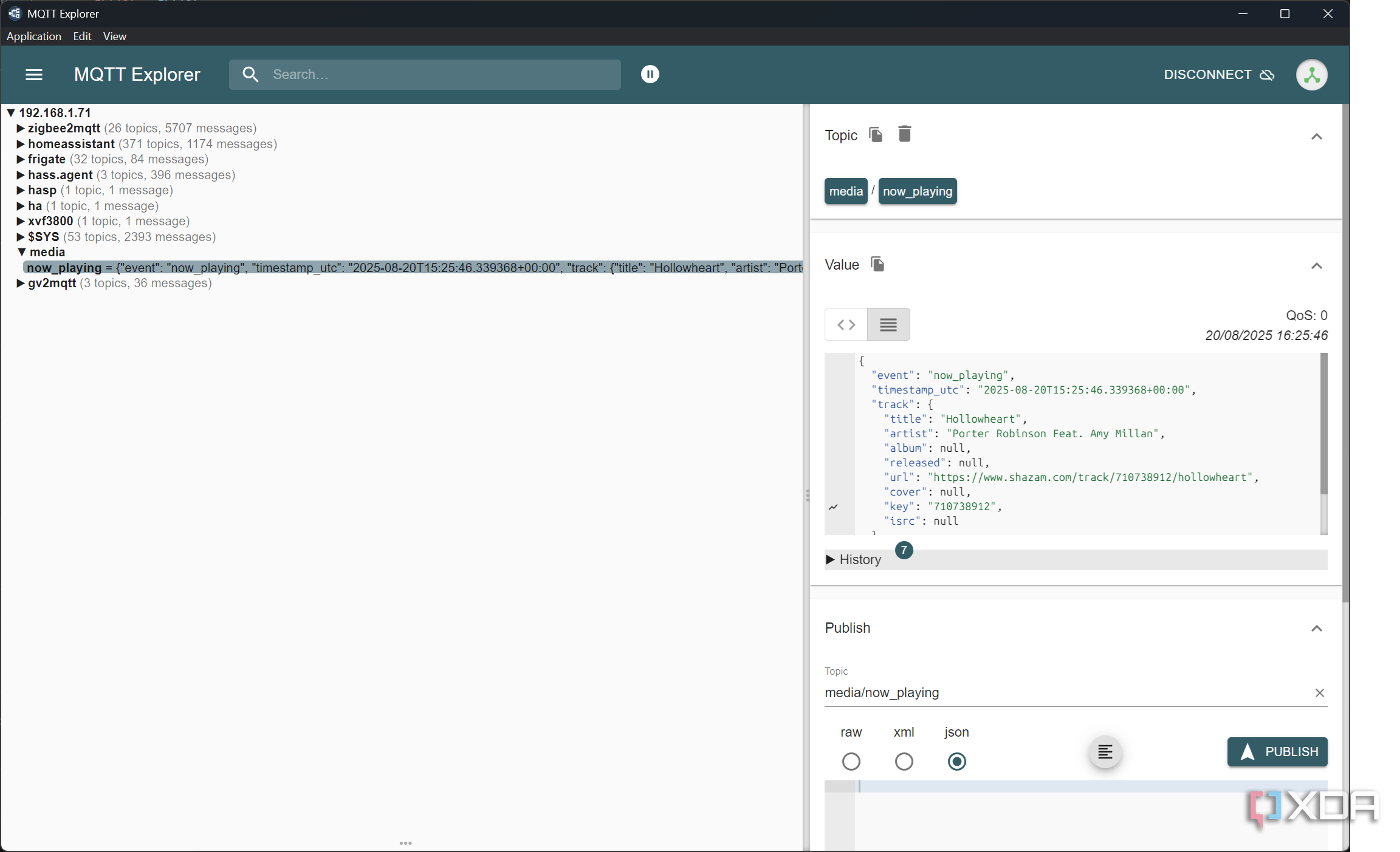 ESP32 Now Playing on an MQTT server showing all of the information pulled from Shazam