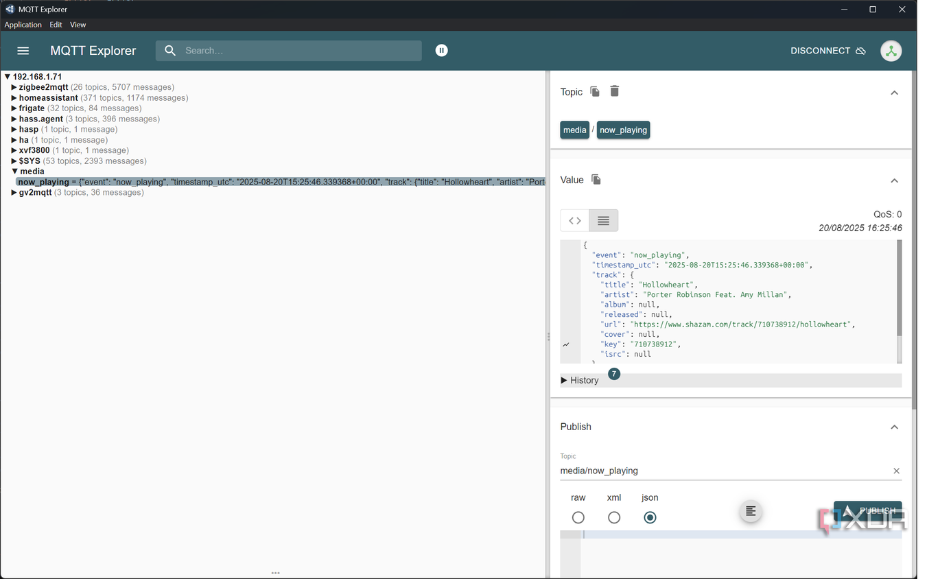 ESP32 Now Playing on an MQTT server showing all of the information pulled from Shazam