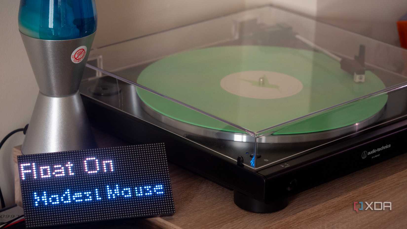 ESP32 Now Playing Record Player screen with a Waveshare RGB matrix display