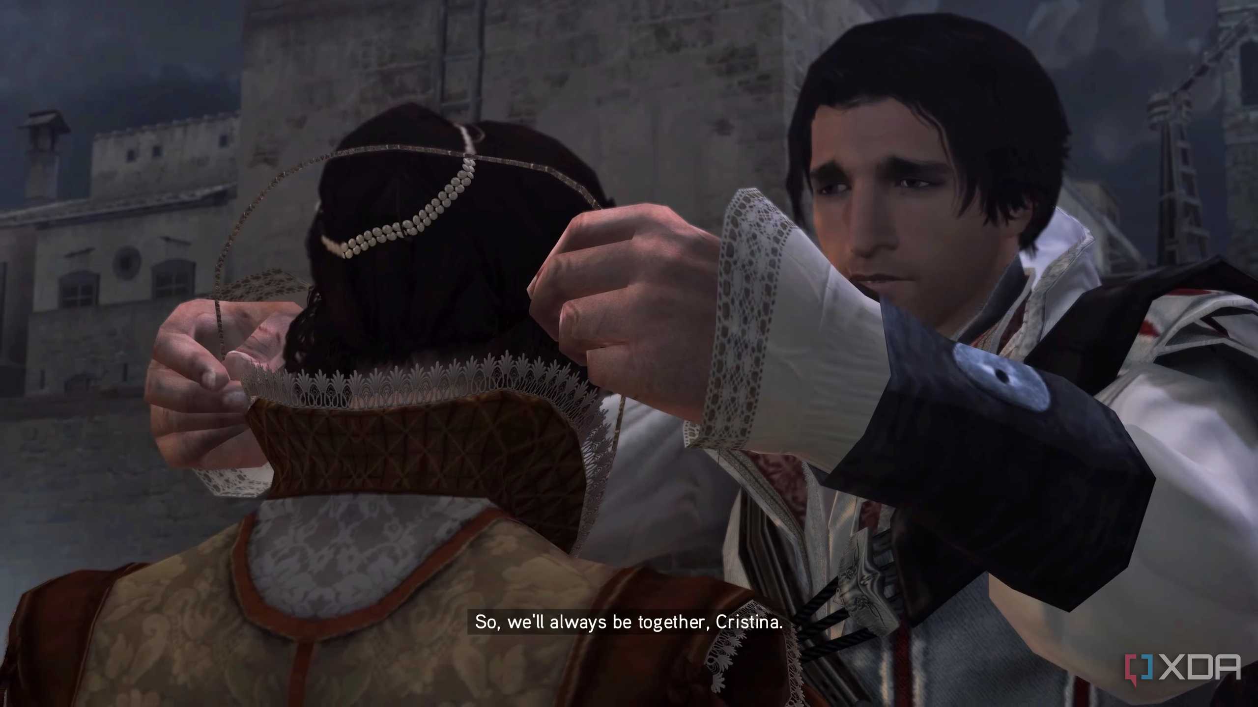Ezio puts his pendant around Cristina's neck in Assassin's Creed 2.