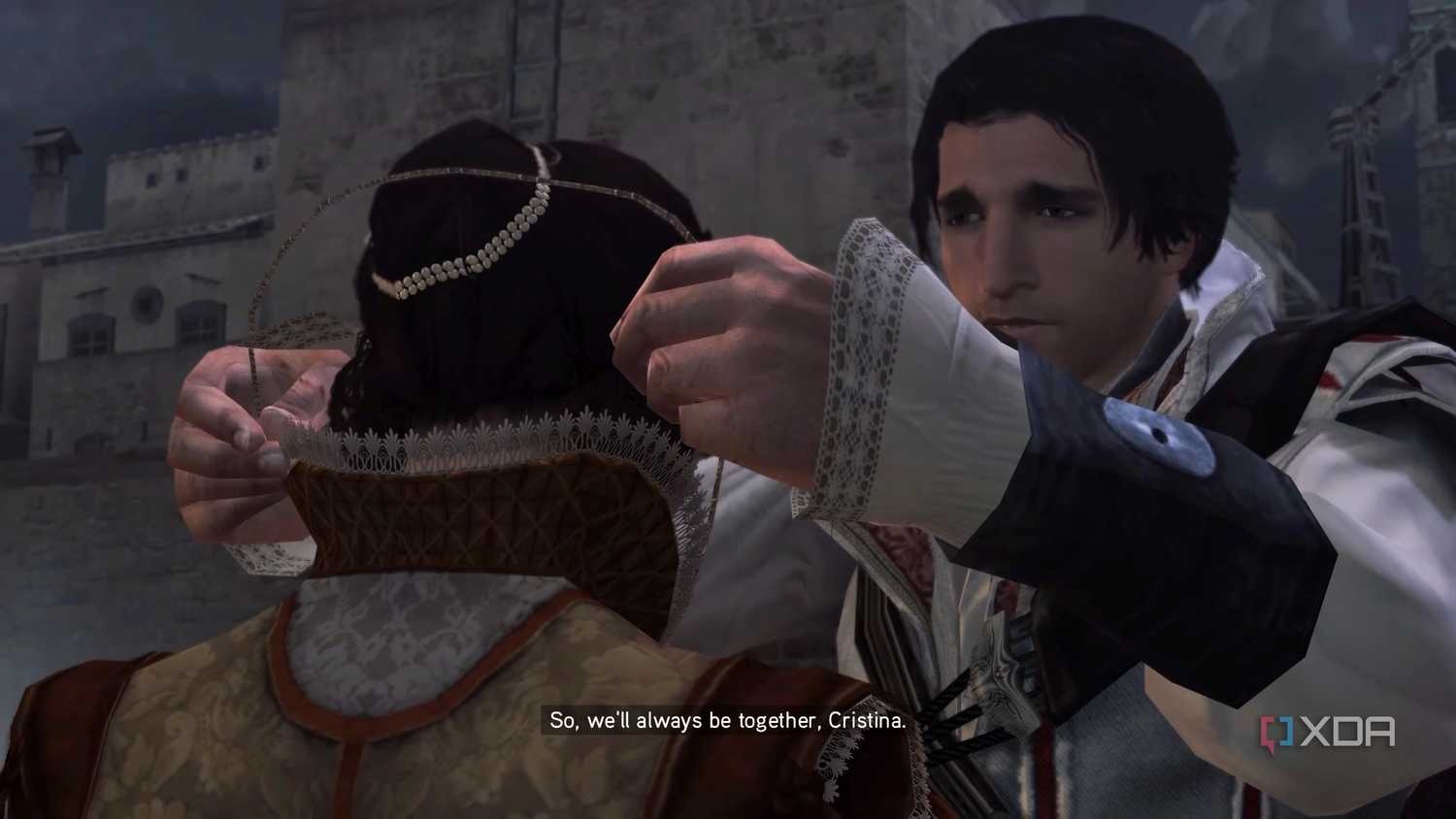 Ezio puts his pendant around Cristina's neck in Assassin's Creed 2.