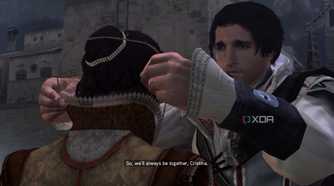 Ezio puts his pendant around Cristina's neck in Assassin's Creed 2.