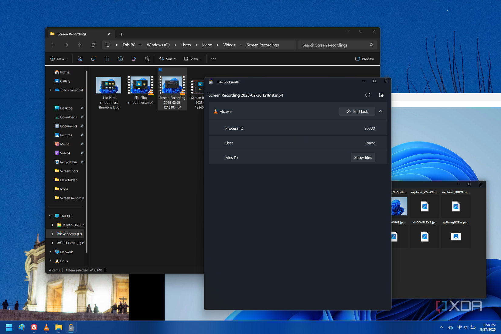Captura de pantalla de File Locksmith que muestra qué aplicaciones están usando un archivo y una opción para finalizar esa tarea