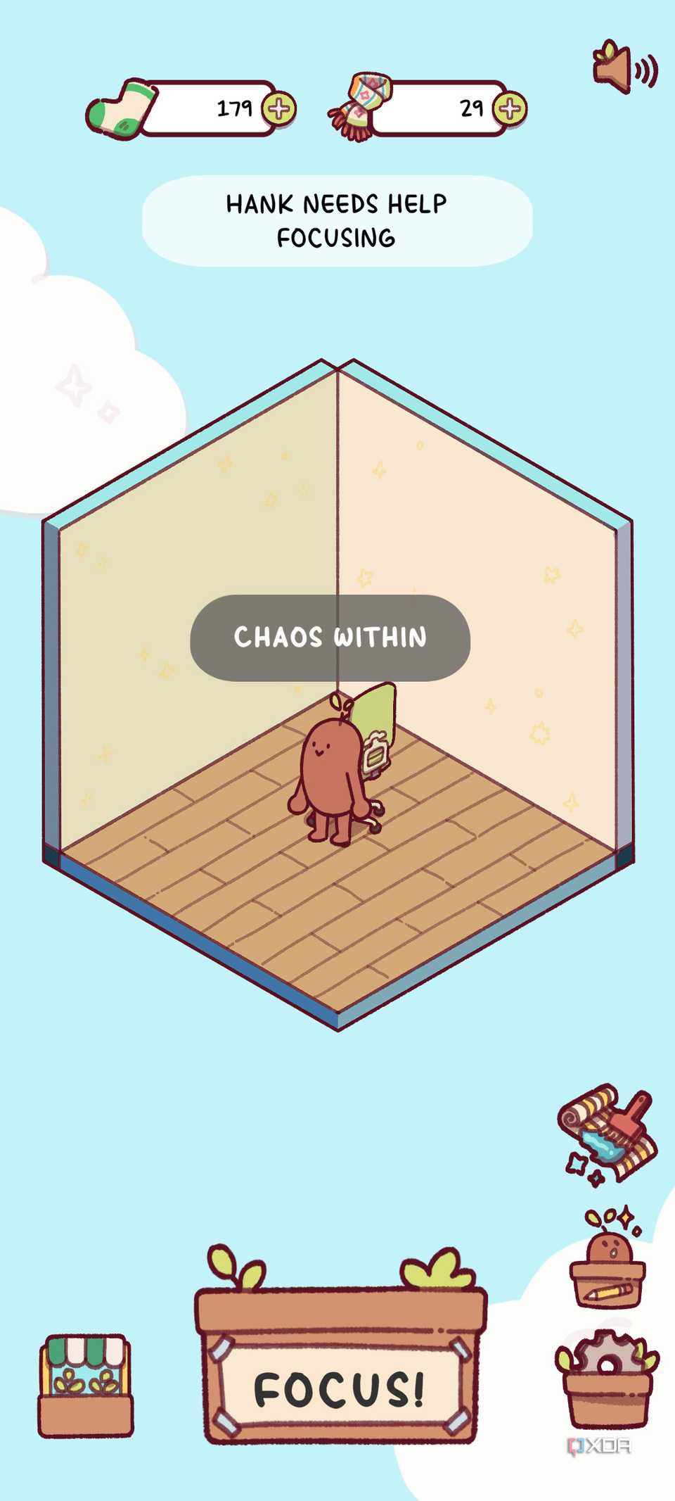 A screenshot of a new game in the Focus Friend app with an empty room