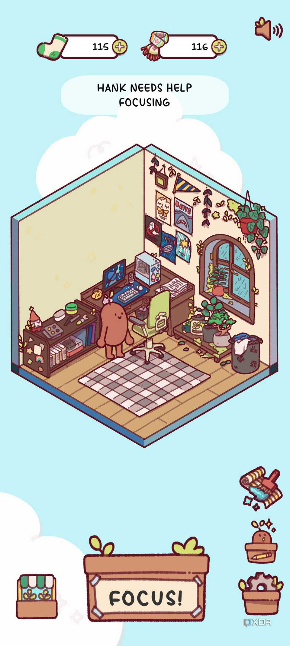 A screenshot of a Focus Friend setup customized with some furniture