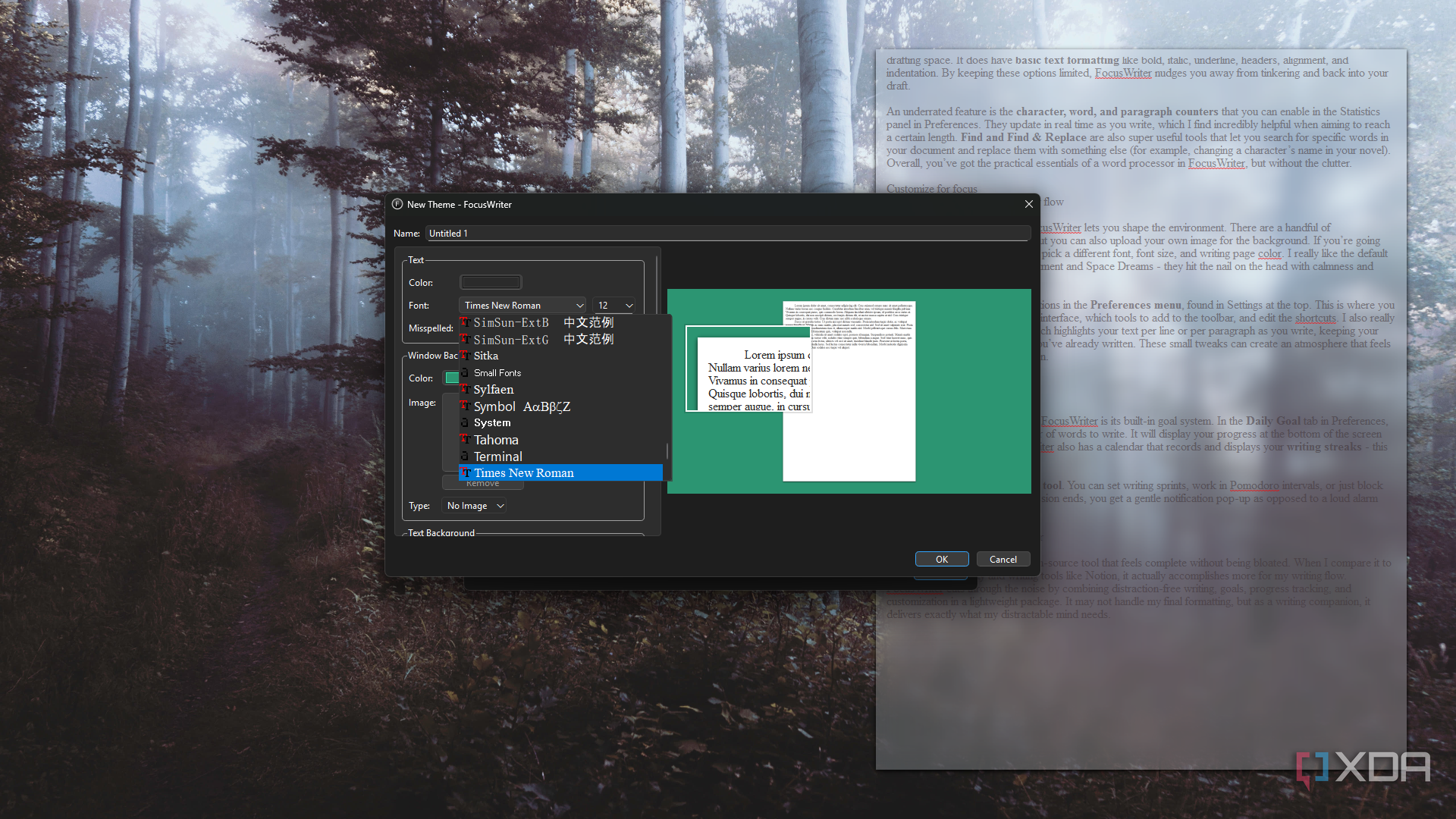 FocusWriter custom theme, selecting font
