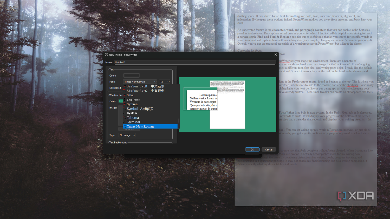 FocusWriter custom theme, selecting font