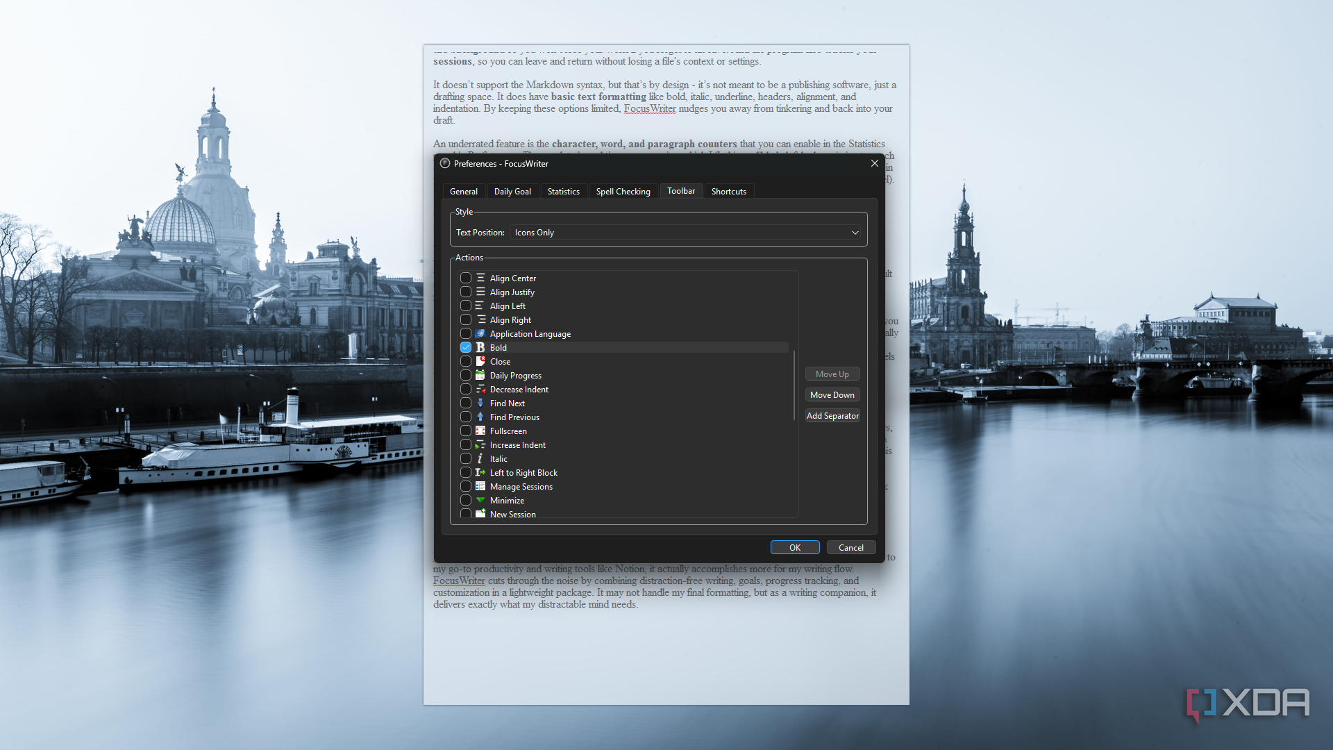 FocusWriter customizing toolbar actions