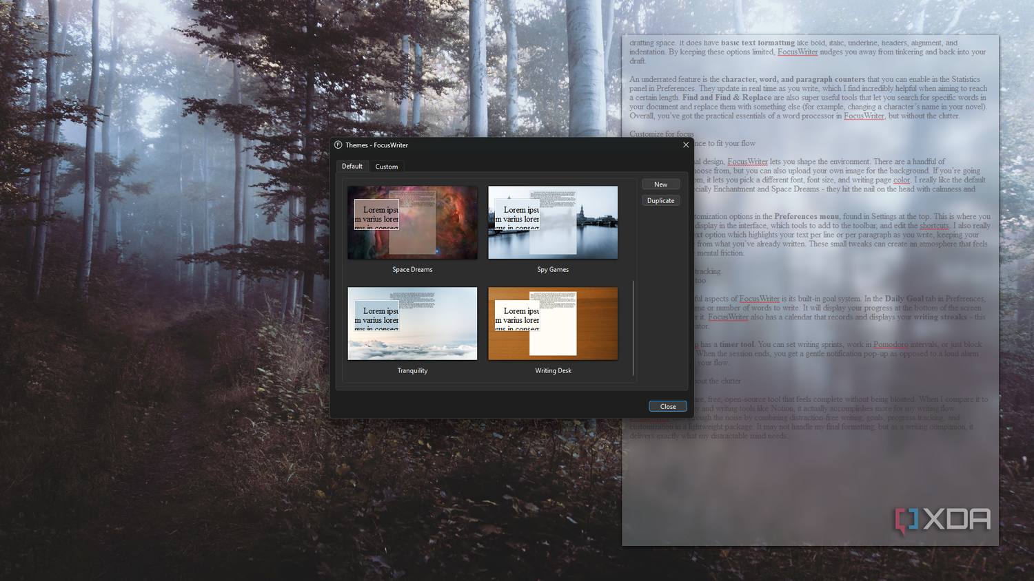 FocusWriter enchantment theme, low-saturation forest