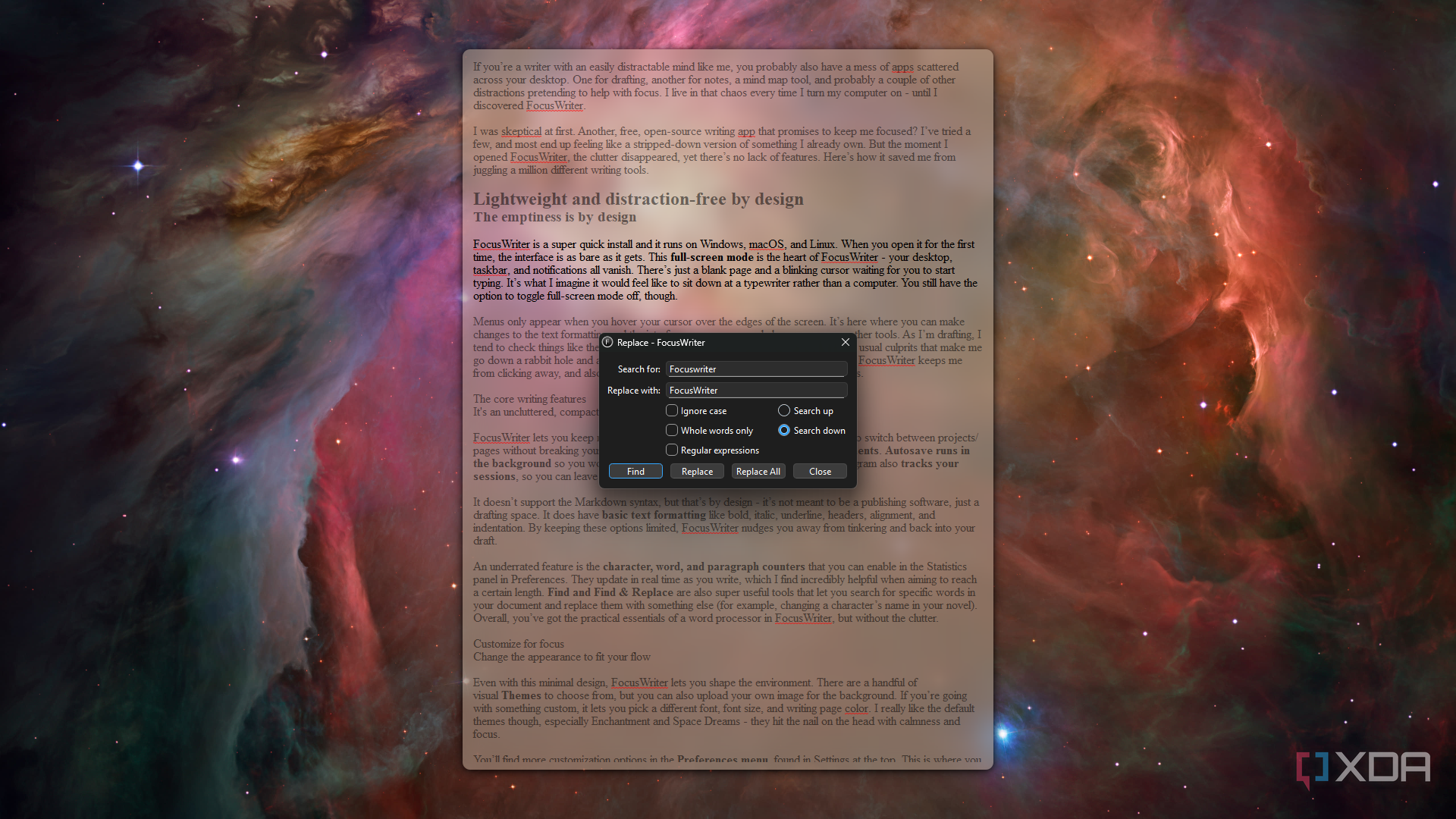 FocusWriter find and replace feature