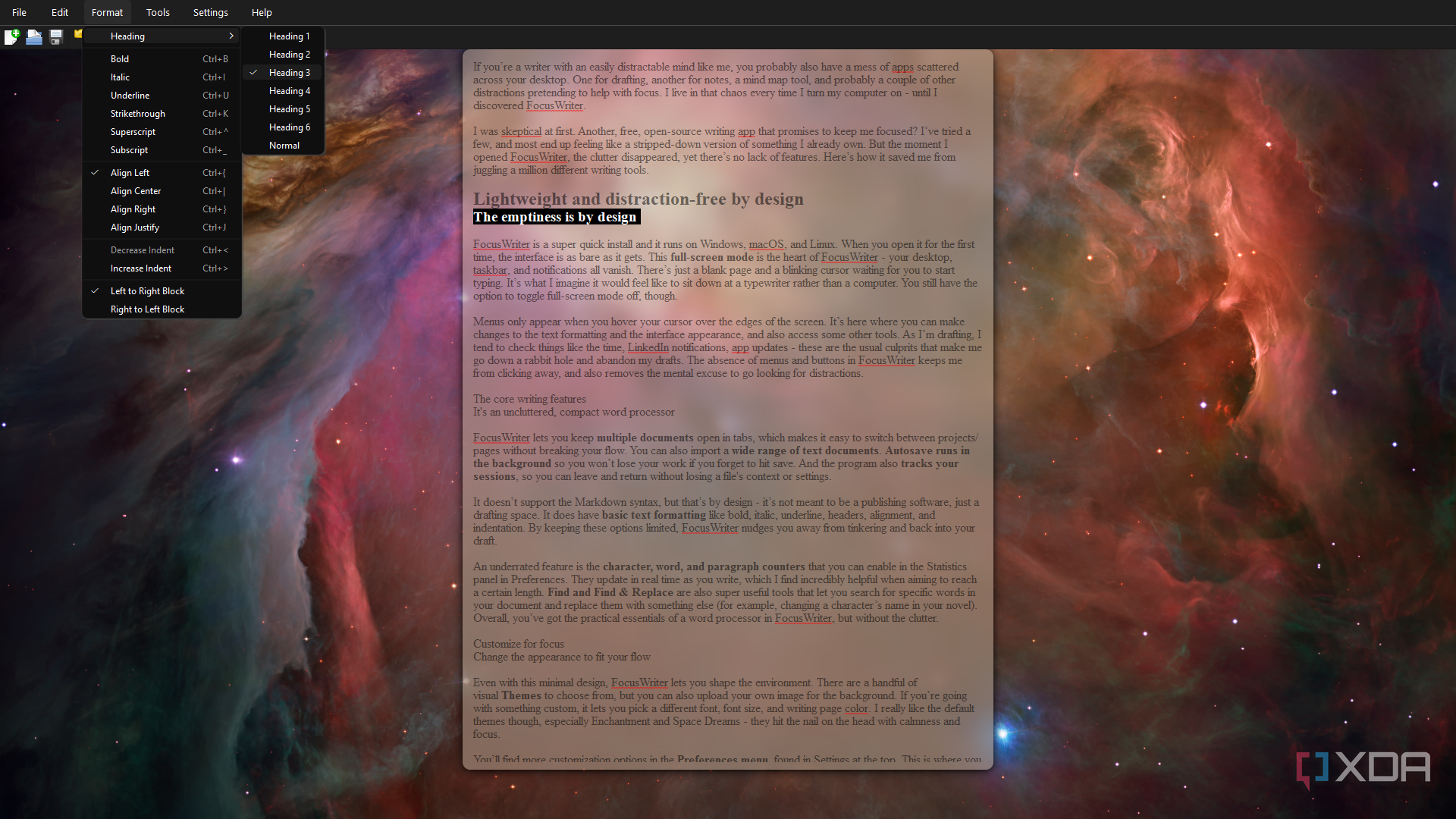 FocusWriter format menu