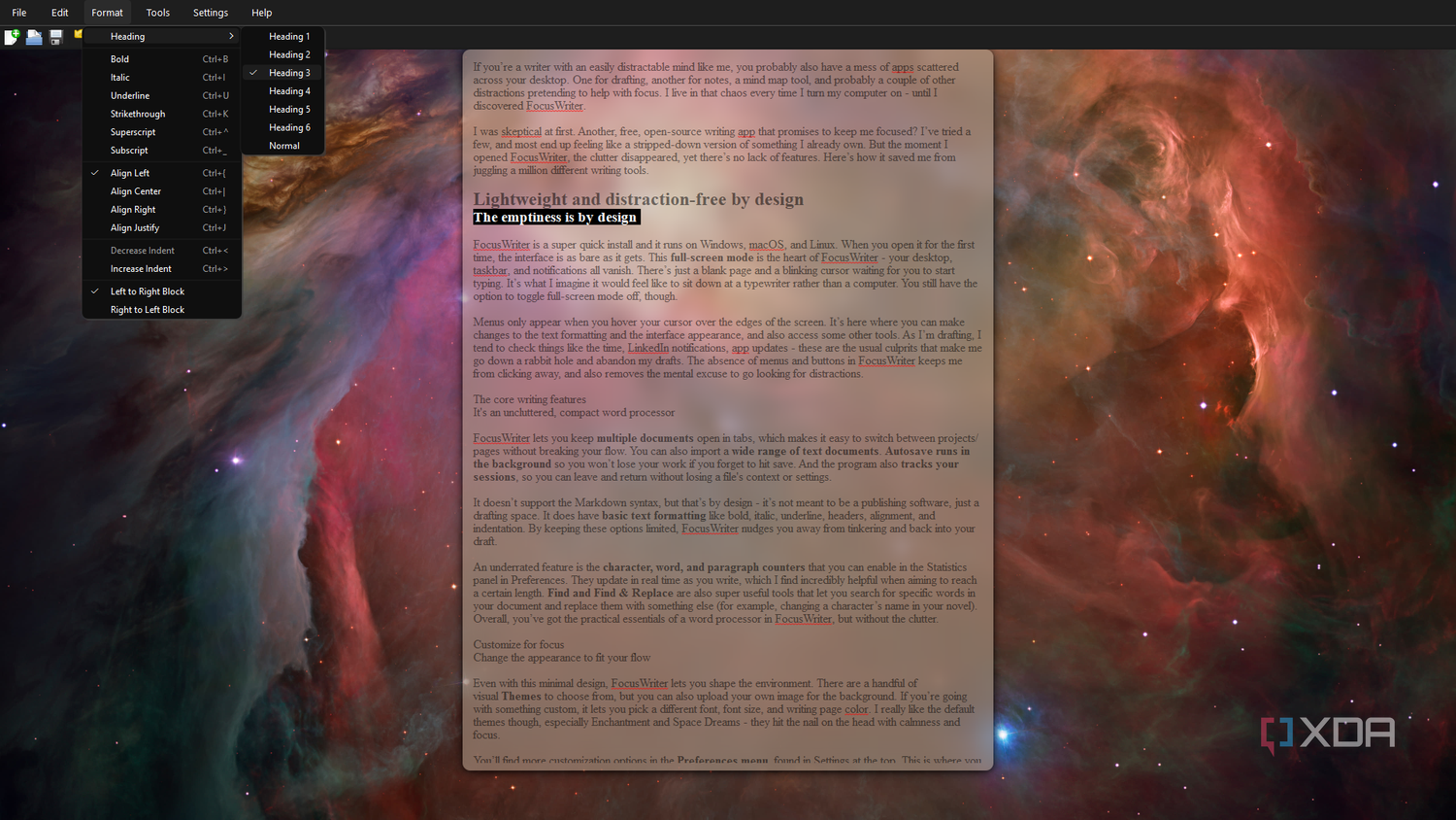 FocusWriter format menu