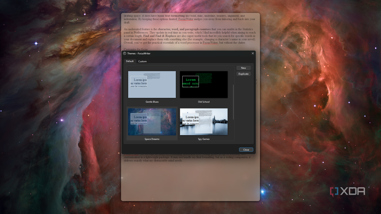 FocusWriter space dreams theme, red-hued space clouds