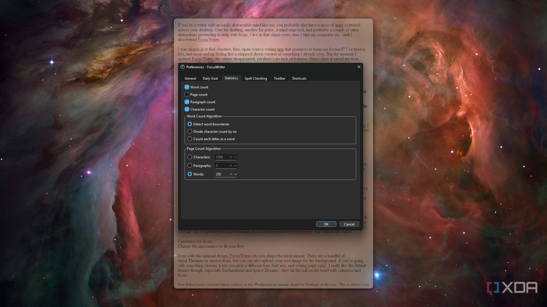 FocusWriter statistics preferences