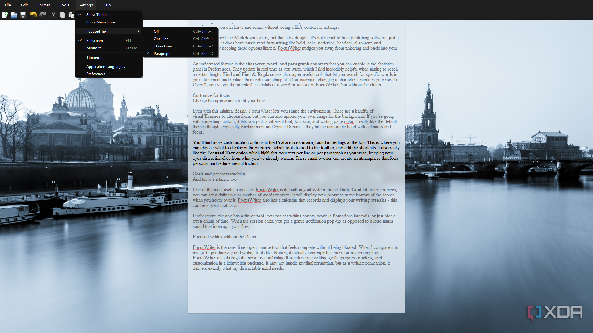 FocusWriter toggling focused text