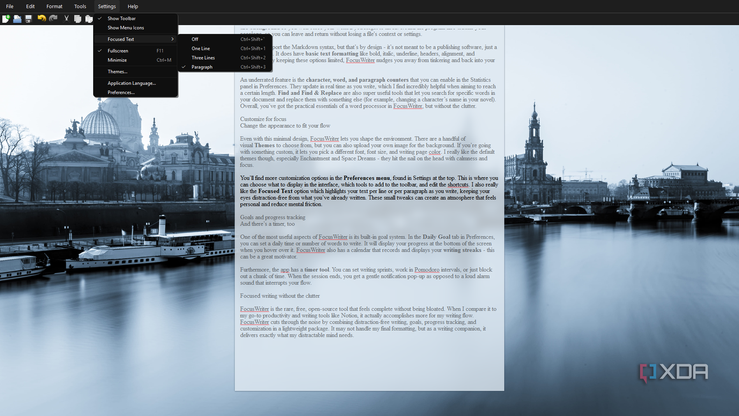 FocusWriter toggling focused text