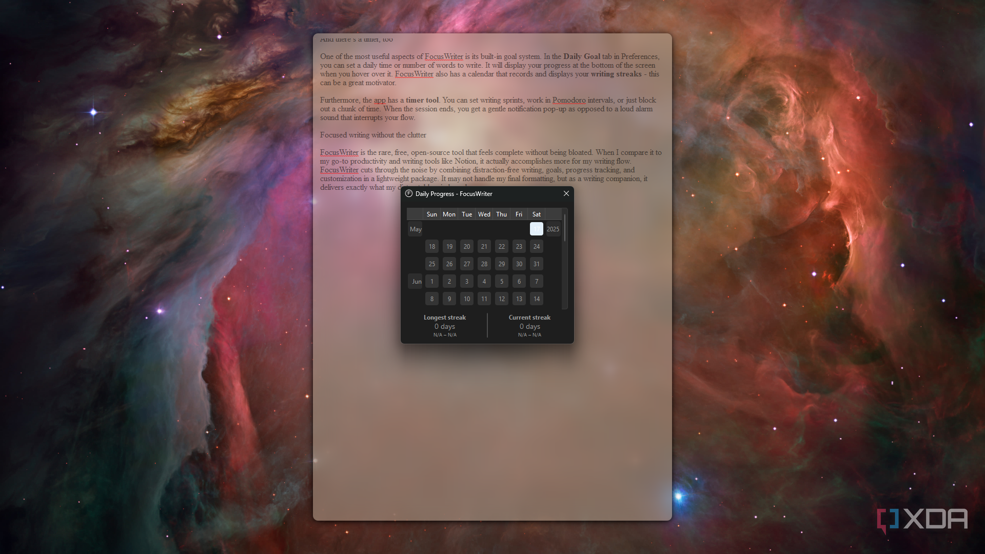 FocusWriter viewing calendar streaks