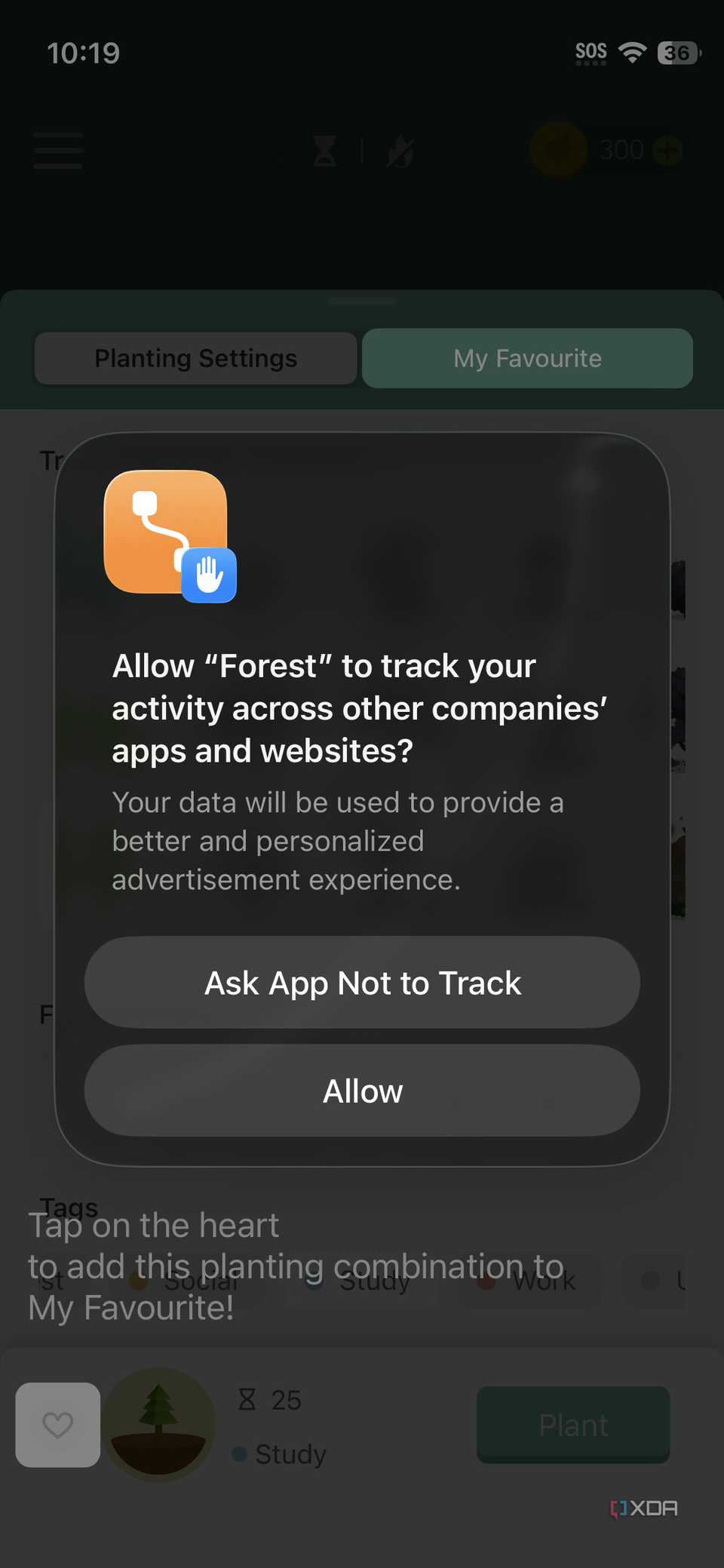 A screenshot of the tracking request screen in the Forest Focus app on iOS