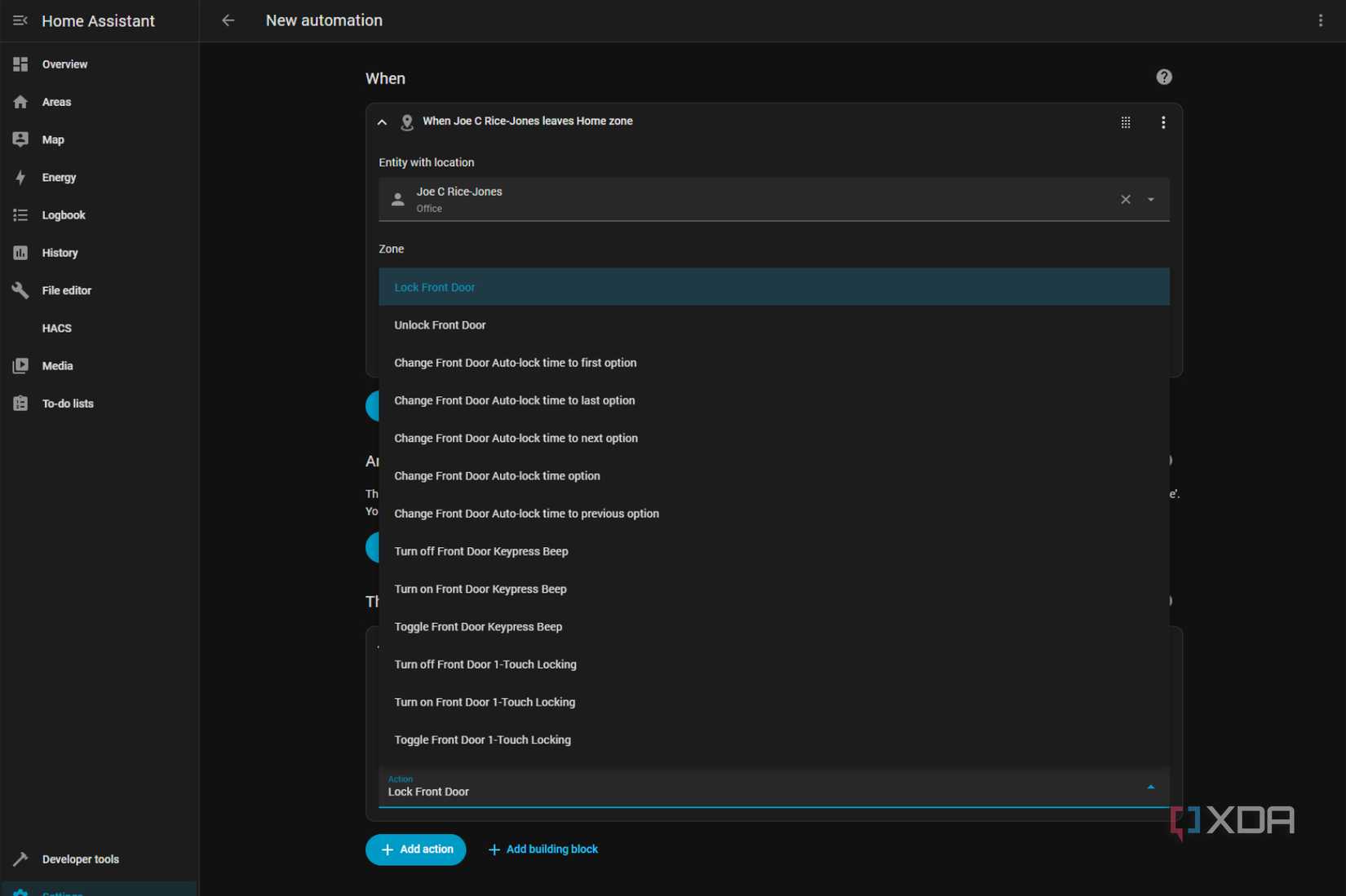 home assistant automation page for schlage smart lock