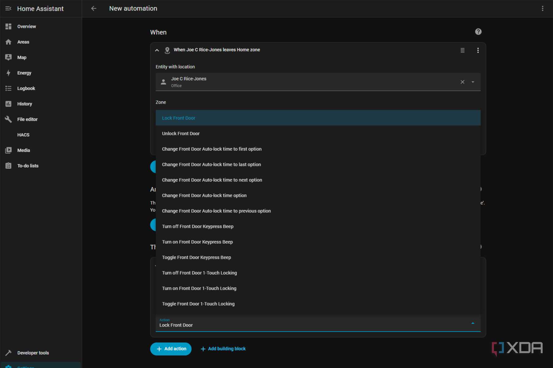 home assistant automation page for schlage smart lock