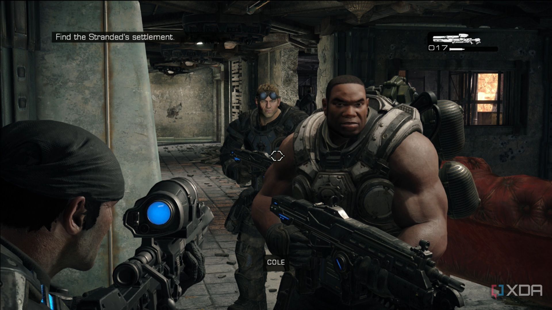 A screenshot of Marcus look at Cole and Baird in Gears of War: Reloaded