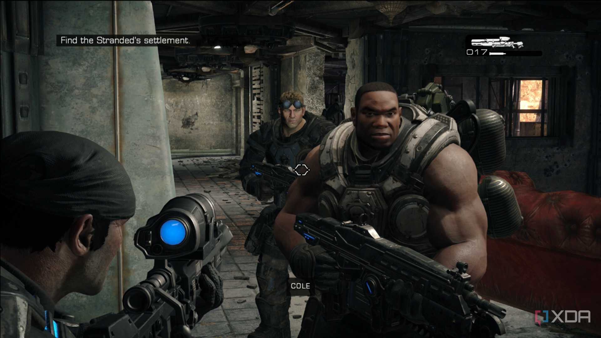 A screenshot of Marcus look at Cole and Baird in Gears of War: Reloaded