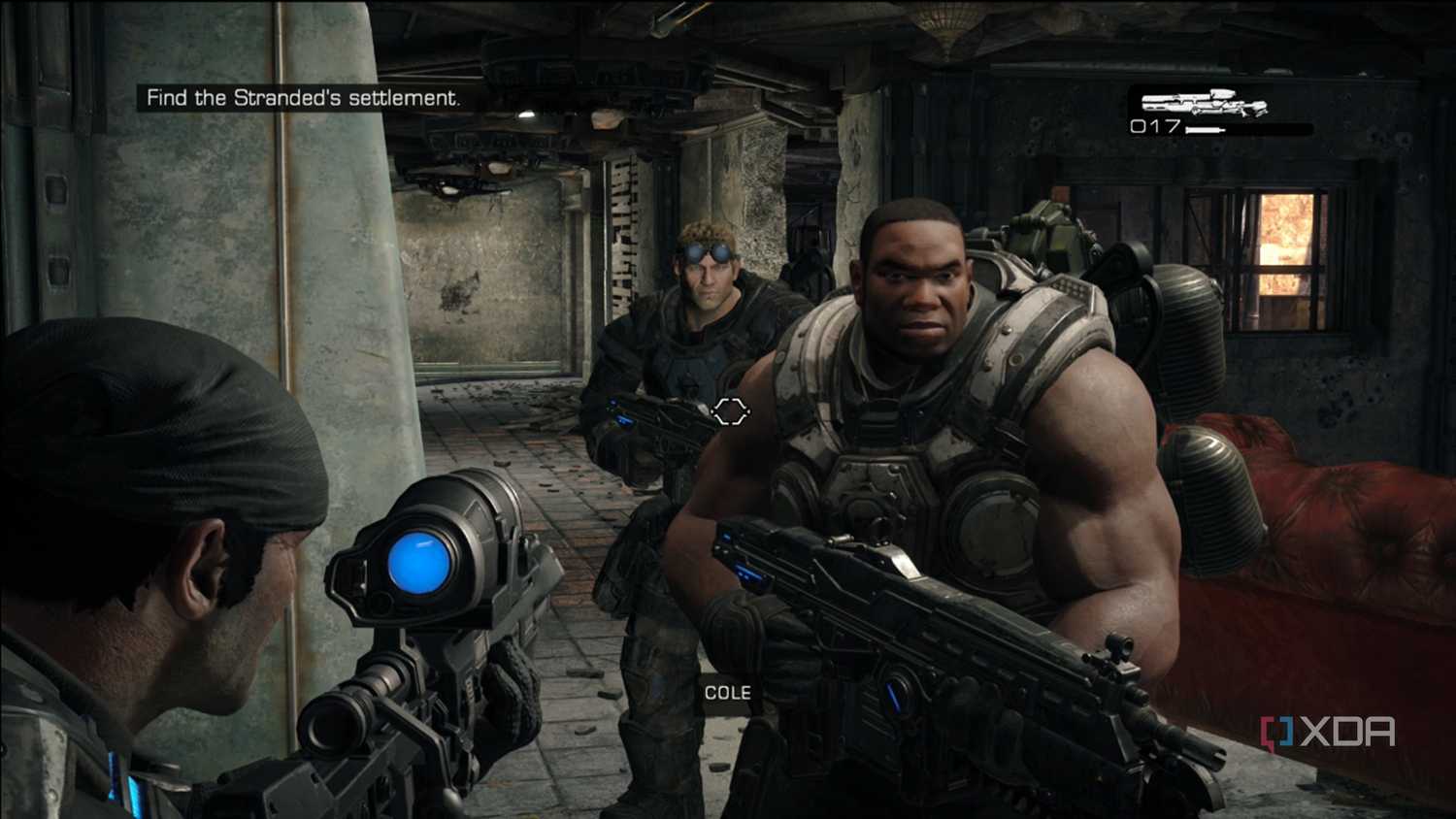 A screenshot of Marcus look at Cole and Baird in Gears of War: Reloaded