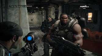 A screenshot of Marcus look at Cole and Baird in Gears of War: Reloaded