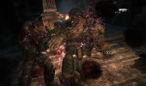 A screenshot of Marcus using a lancer in Gears of War: Reloaded
