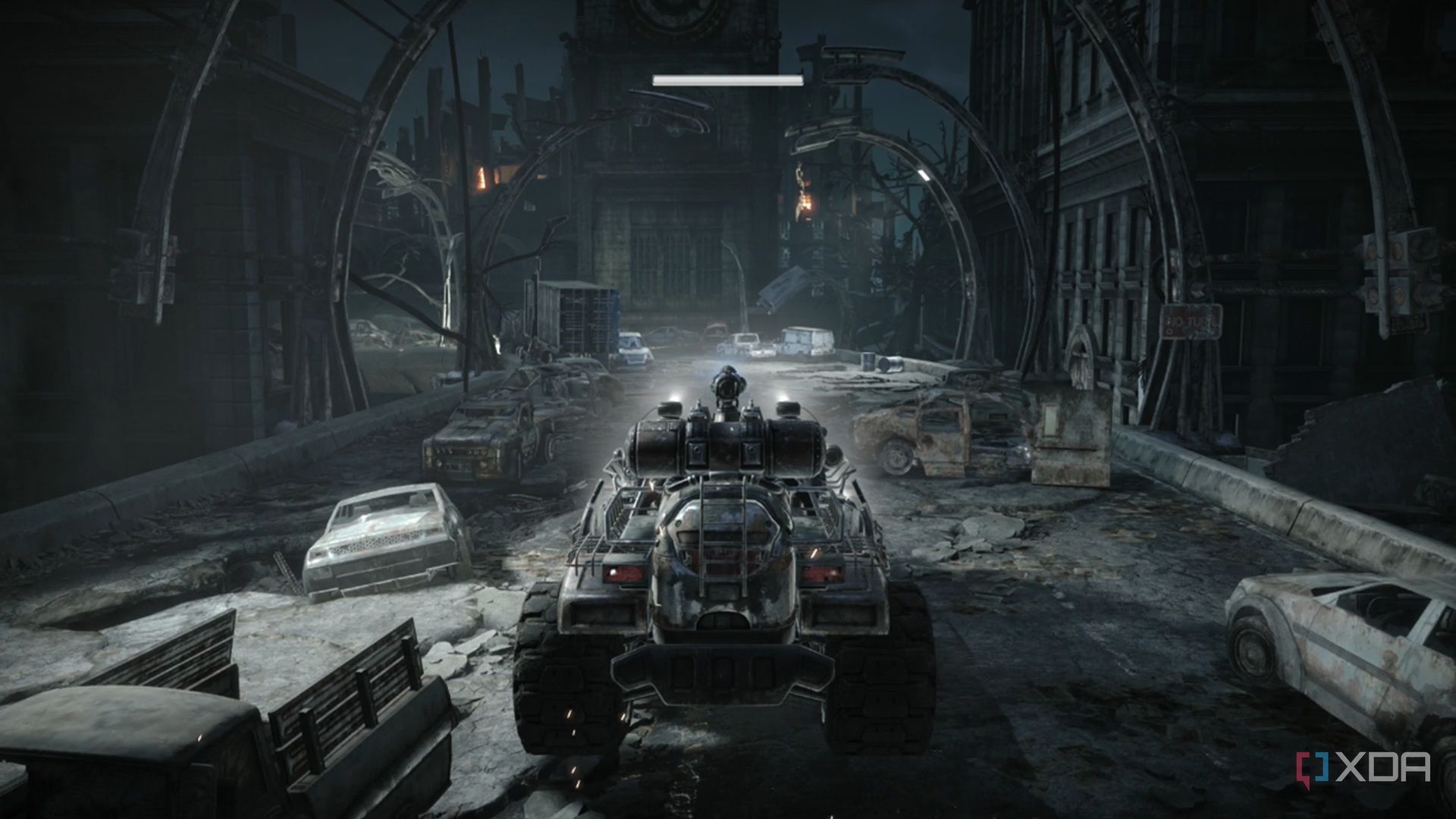 A screenshot of driving the truck and escaping the Kryll in Gears of War: Reloaded