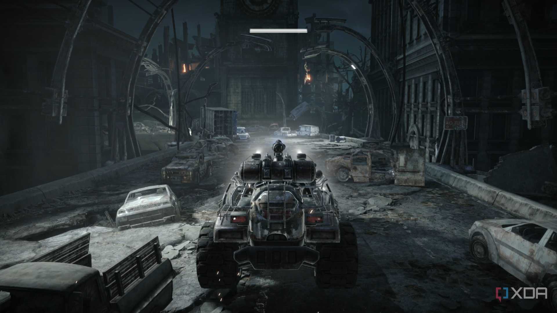 A screenshot of driving the truck and escaping the Kryll in Gears of War: Reloaded